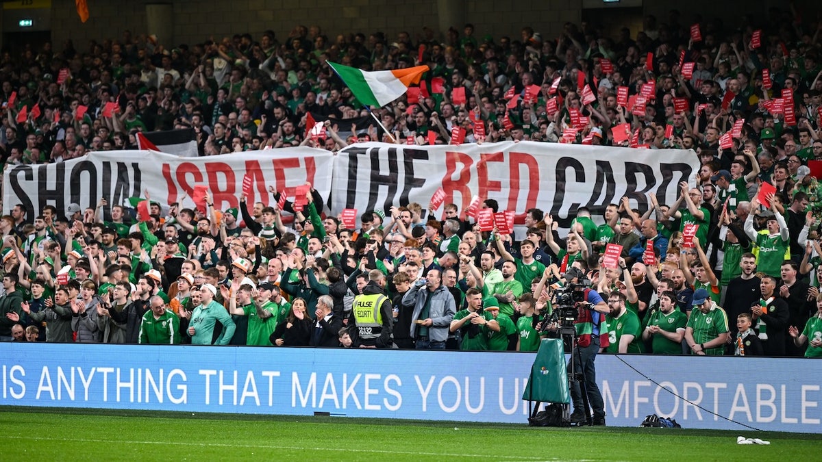 Dublin , Ireland - 6 September 2025; Republic of Ireland supporters make their feelings know as they protest against Israel before the FIFA World Cup 2026 Group F qualifying match between Republic of Ireland and Hungary at the Aviva Stadium in Dublin.