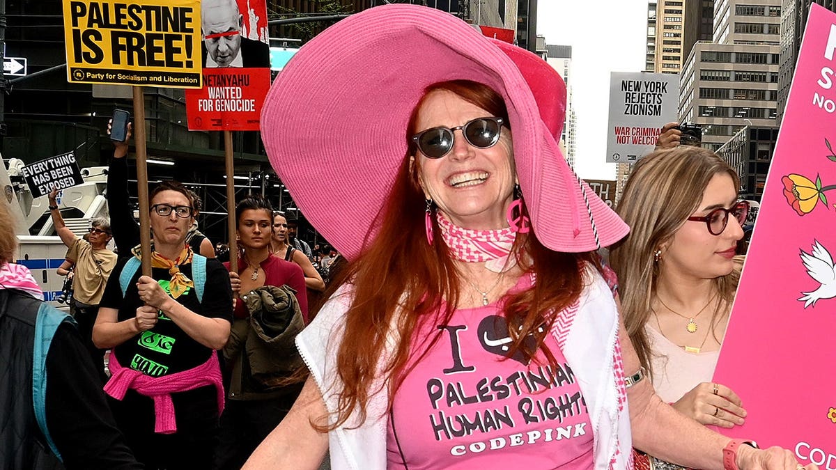 Jodie Evans pictured in pink in a protest