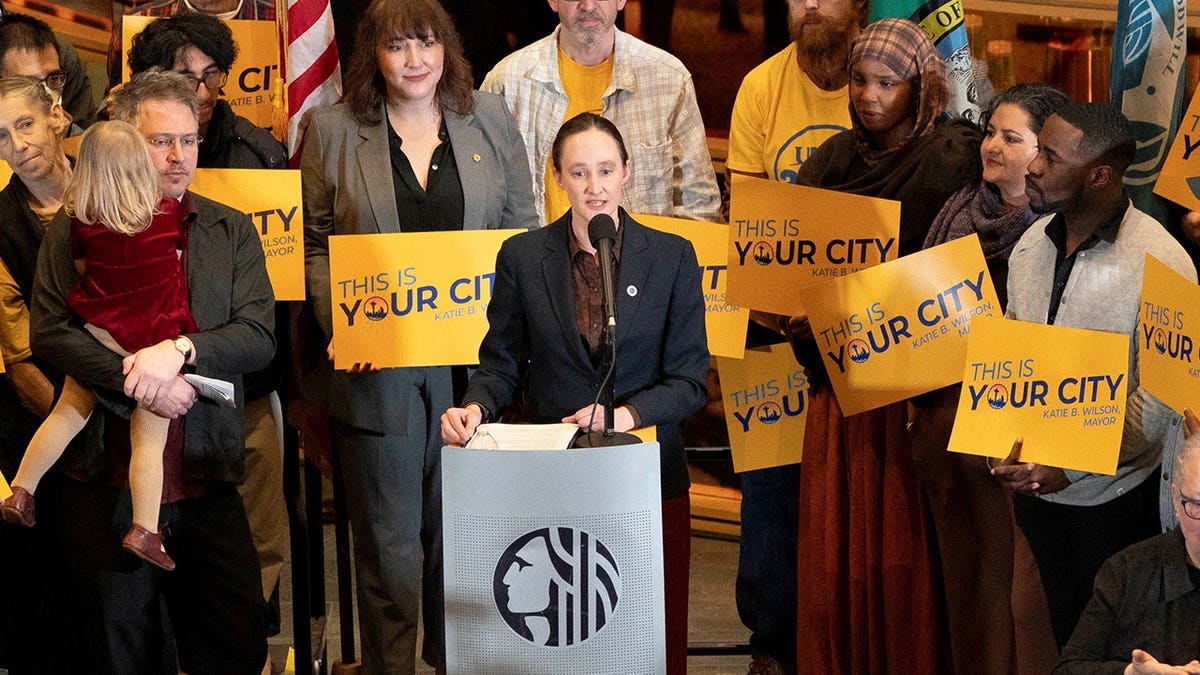 Katie Wilson speaking after being sworn in as mayor at City Hall in Seattle