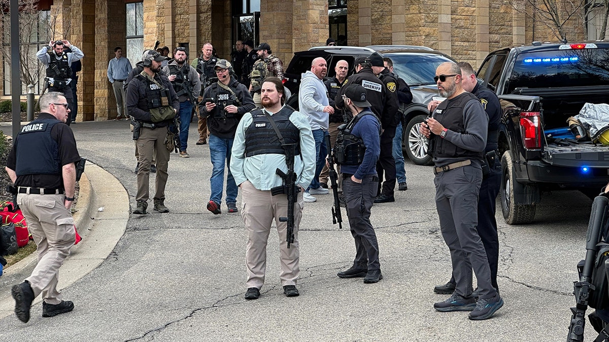 Law enforcement officers responding to a call at the Temple Israel synagogue.
