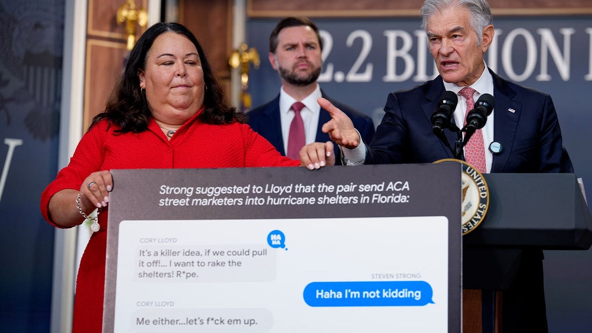 Vice President J.D. Vance (C) appears onstage as Deputy Administrator & Chief Operating Officer Kimberly Brandt (L) holds up a poster depicting a text conversation with Cory Lloyd, convicted of Affordable Care Act fraud, as Administrator for the Centers for Medicare & Medicaid Services Dr. Mehmet Oz (R), speaks during a news conference on fraud at the Eisenhower Executive Office Building on the White House Campus on September 22, 2026 in Washington, DC. Vance announced a federal crackdown on Affordable Care Act fraud, removing over 750,000 allegedly ineligible enrollments and banning hundreds of suspect brokers to save taxpayers an estimated $2.2 billion.