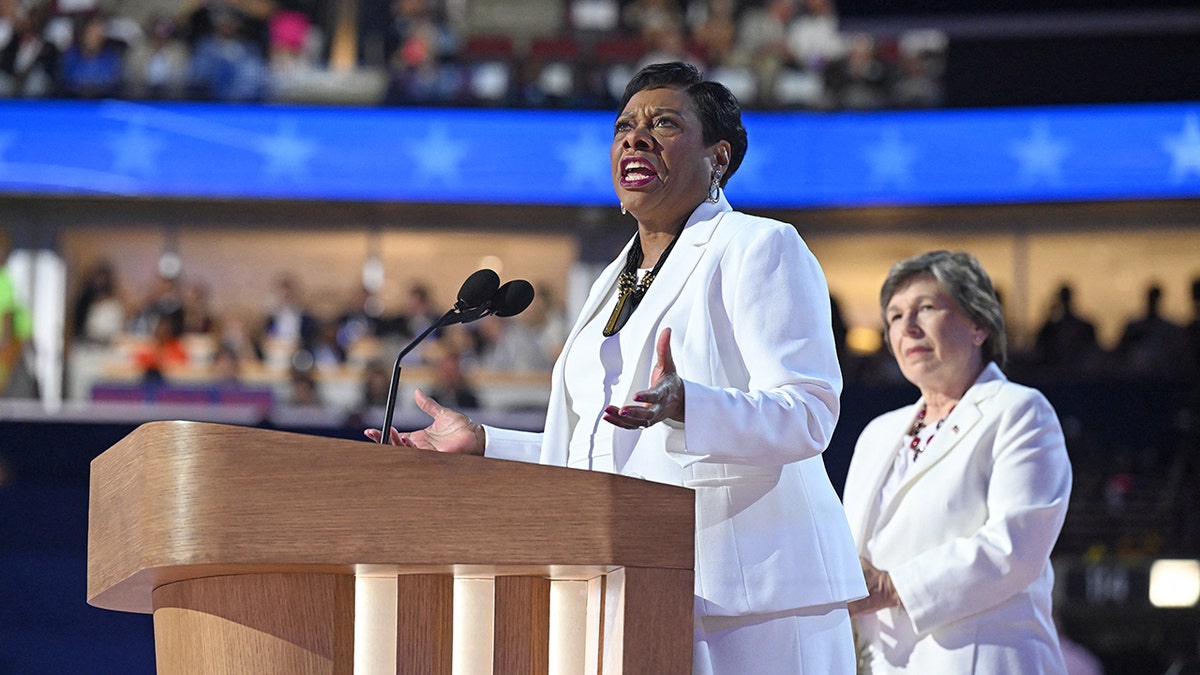 President of the National Education Association Becky Pringle (L) speaks alongside President of the American Federation of Teachers Randi Weingarten on the fourth and last day of the Democratic National Convention (DNC) at the United Center in Chicago, Illinois, on August 22, 2024.