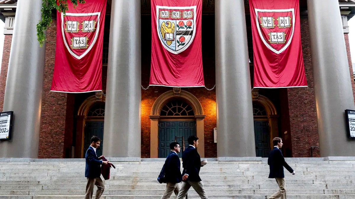 Students walking in front of Harvard banners