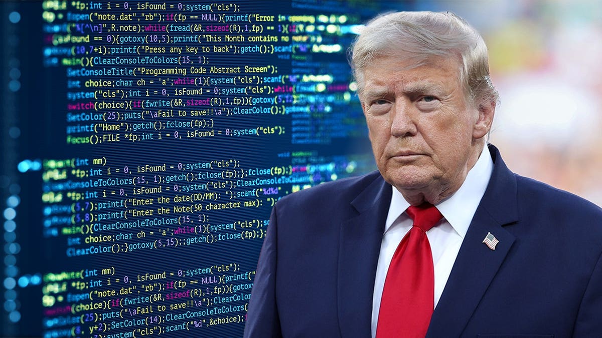 President Donald Trump projected over generic code.