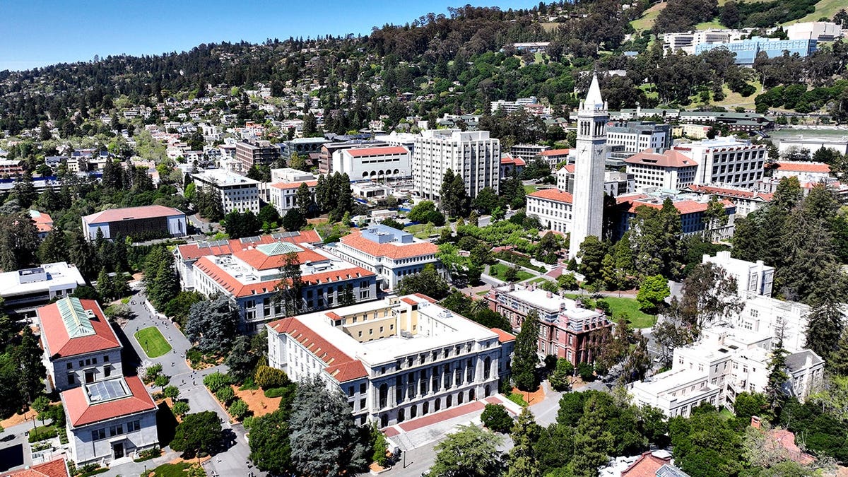 A drone captures an aerial view of the UC Berkeley campus in Berkeley, California.