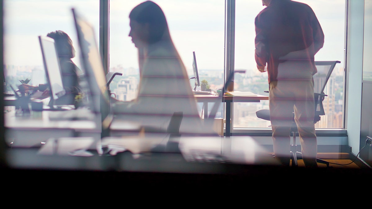 Corporate workers silhouettes typing computers in modern tech studio.