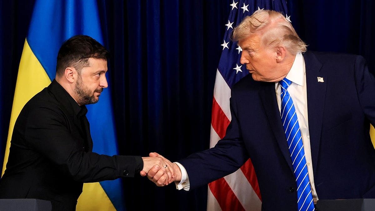 Ukrainian President Volodymyr Zelenskyy shakes hands with U.S. President Donald Trump